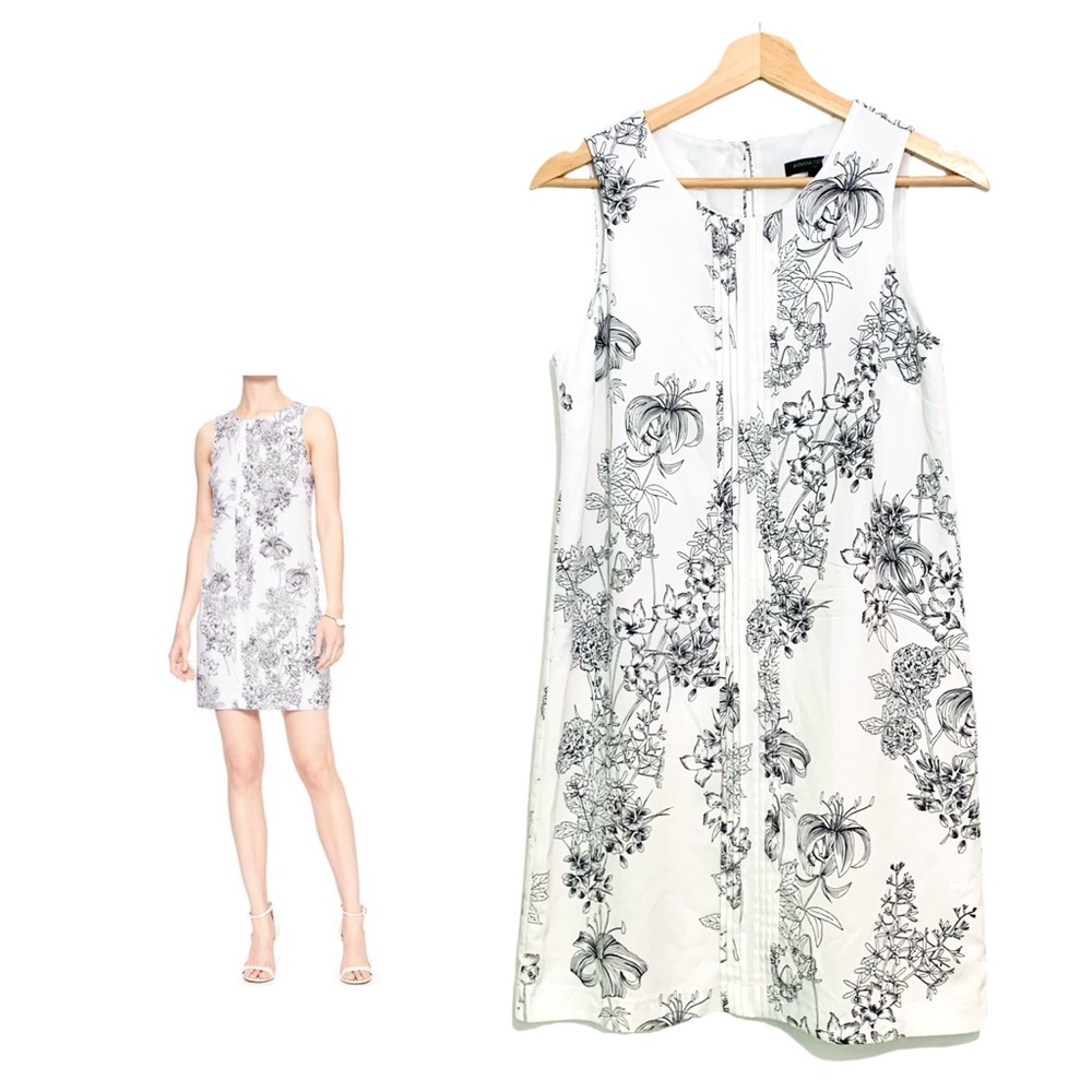 Banana Republic Floral Print Pintuck Shift Dress Size 2 Black White Summer Dress